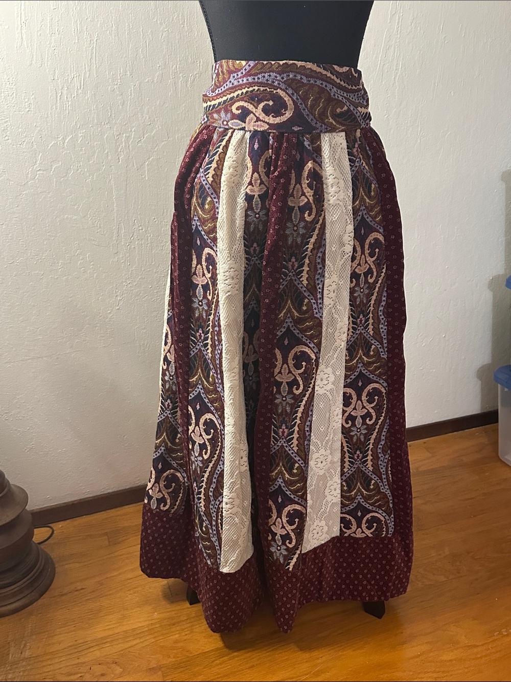 Bohemian Burgundy Paisley Maxi Skirt with Lace Panels